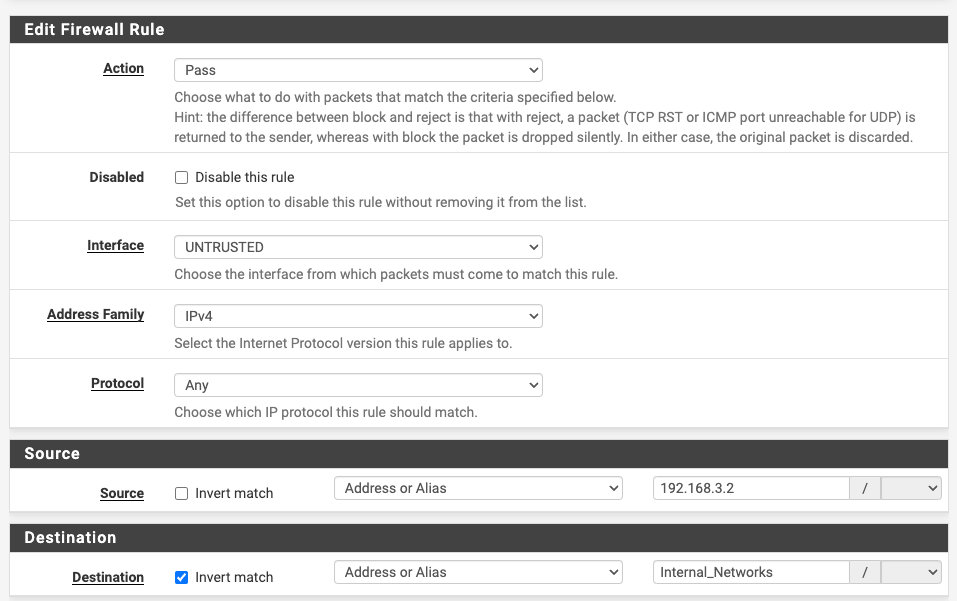 Not Internal Firewall Wule